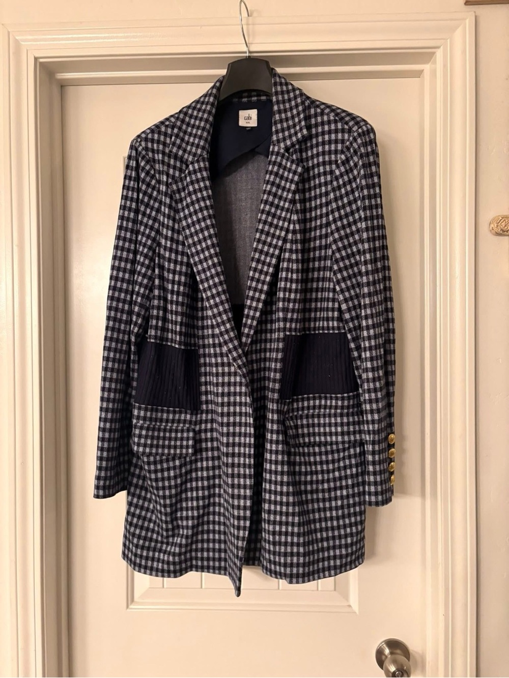 CAbi Navy and White Check Wool-Blend Blazer
